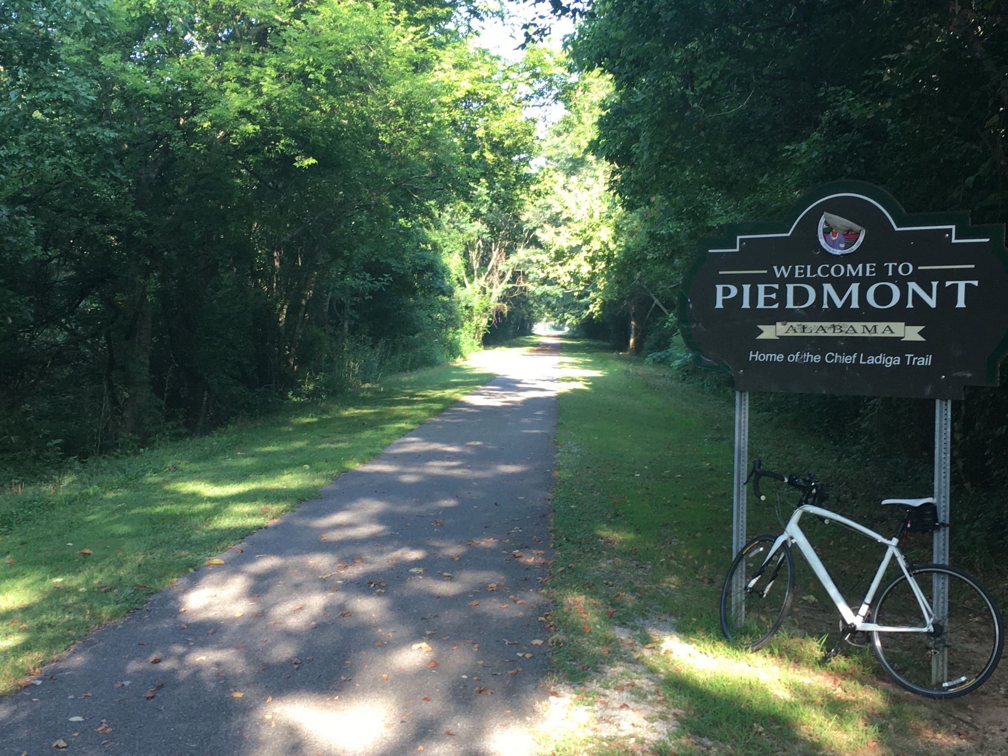 Welcome sign for Piedmont, Alabama on the Chief Ladiga Trail